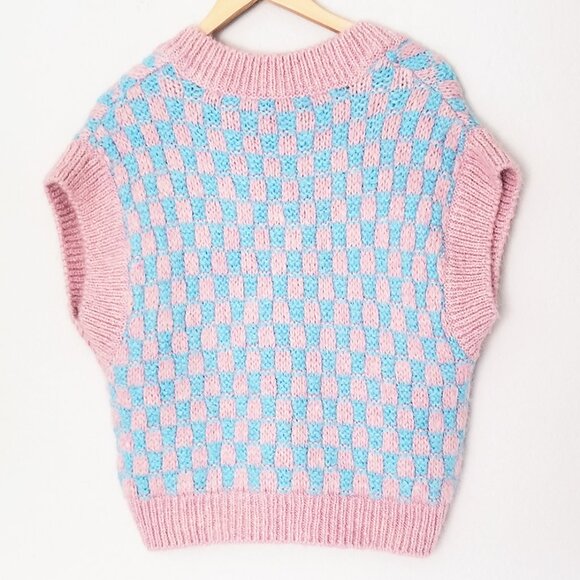 Zara Pink Blue Wool Blend Knit Vest V-neckline Checkerboard S Preppy Classic - Picture 7 of 15